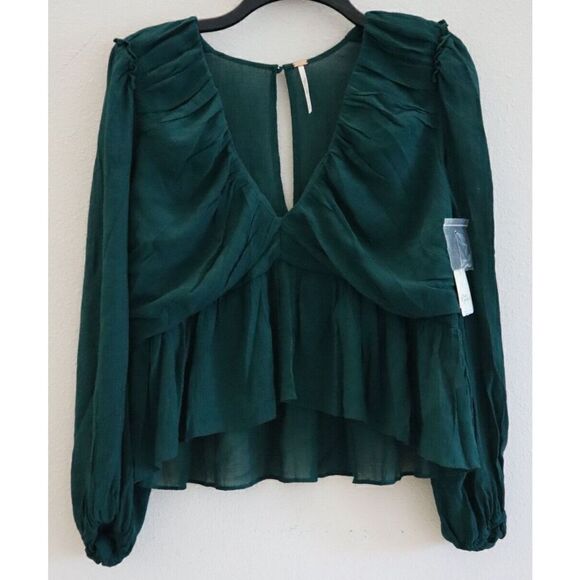 Free People OB1388568 Women's Sz S Garden Gem Green Daia Ruched Peplum Top - Picture 1 of 9